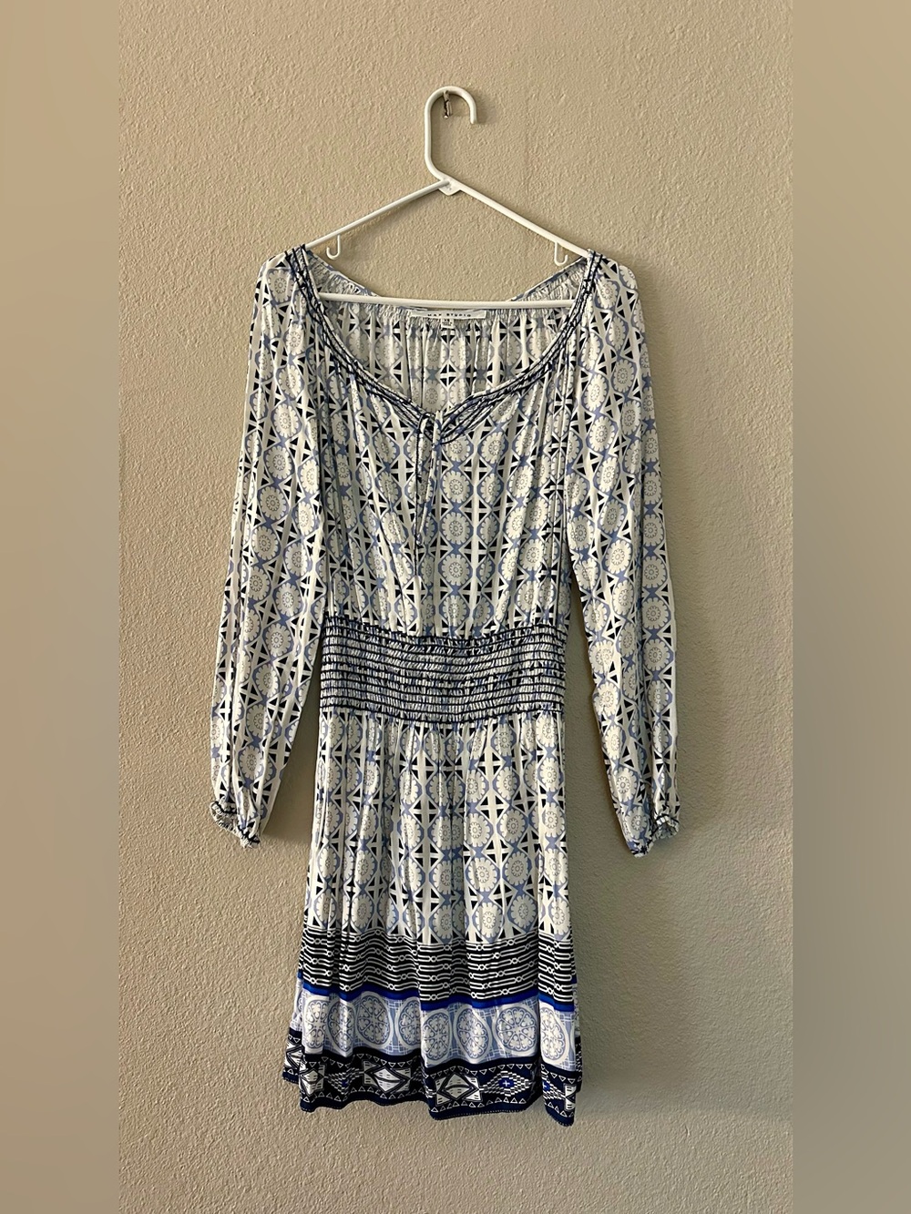 Max Studio Blue and White Geometric Smocked Dress